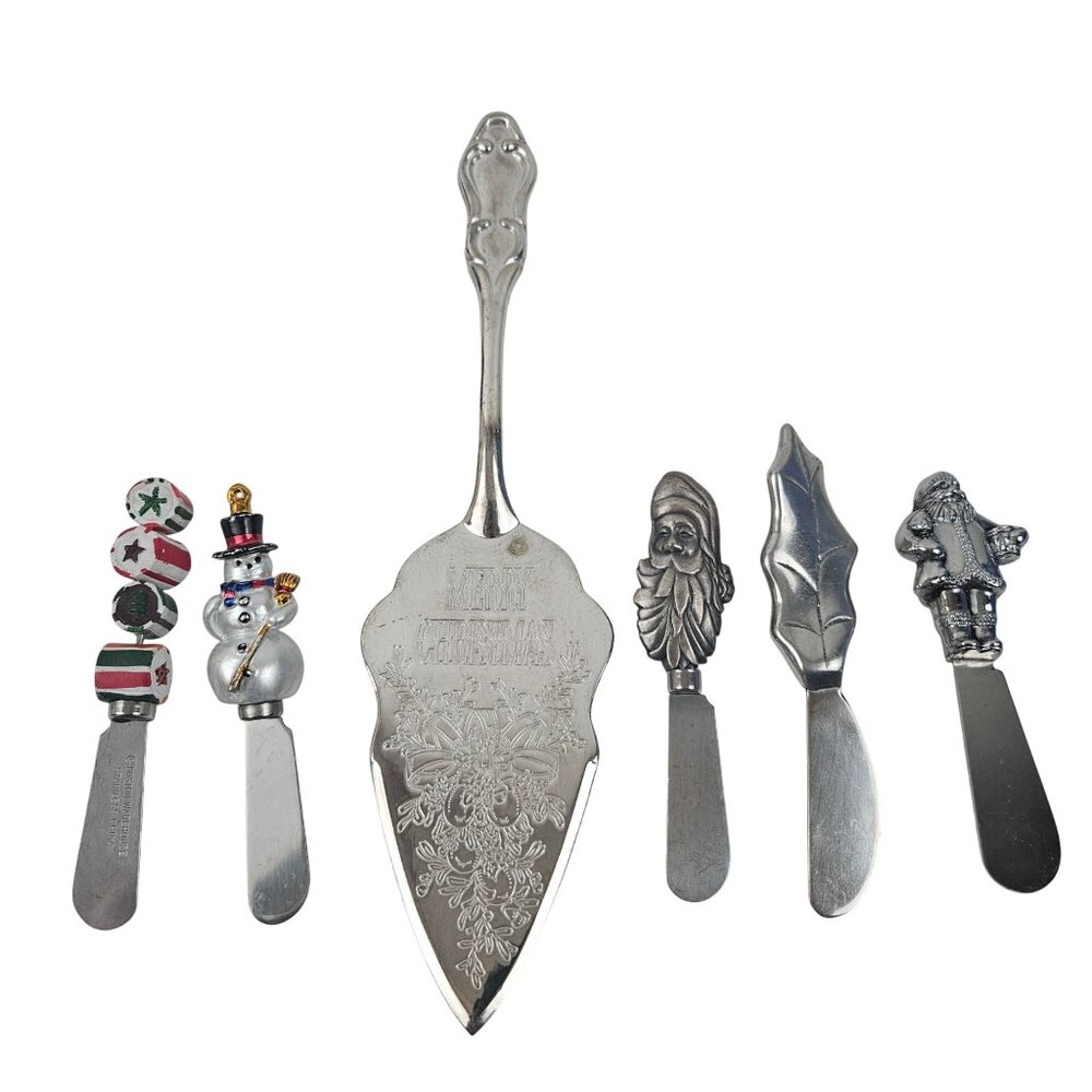 Christmas Spreader Knives Cake Server Santa Snowman Holiday Flatware Lot Charcut